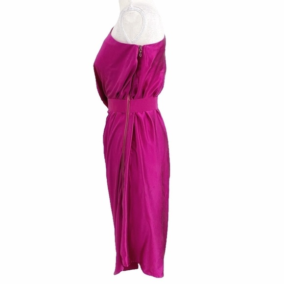 LANVIN 100% SILK FUCHSIA PINK ONE SLEEVE DRAPED BELTED COCKTAIL FORMAL DRESS - Picture 4 of 10